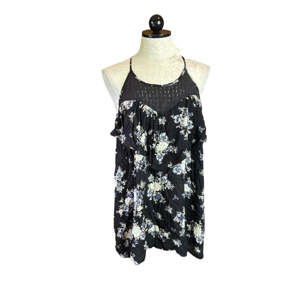 Torrid 1 (1X) Black Floral Sleeveless Tank Blouse Plus Lace Inset Ruffle